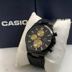 Casio Edifice chronograph watch with a black dial and a leather strap.
