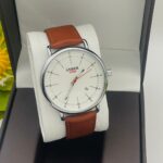 Amber Time Men's Watch — White Dial Red Seconds Hand Brown Leather Strap Wristwatch