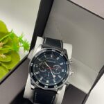 Men Solid Black Leather Watch + Black Steel Necklace